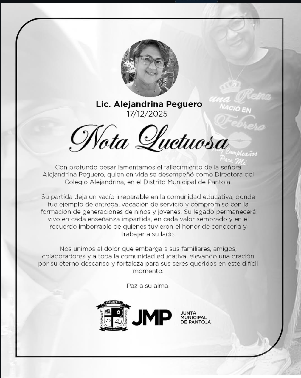 Con profundo pesar lamentamos el fallecimiento de la señora Alejandrina Peguero